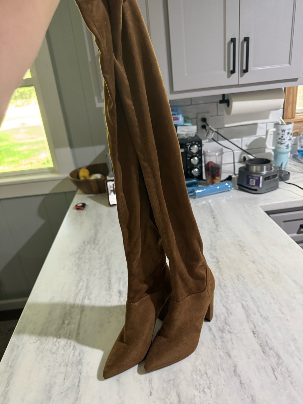 Qupid Brown Over-the-Knee Pointed Toe Block Heel Fall Chic Party Heeled Boots 7